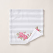 かわいいピンクのバラの芽の白い及び灰色のストライプ バスタオルセット (ウォッシュタオル)