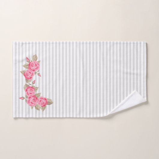 かわいいピンクのバラの芽の白い及び灰色のストライプ バスタオルセット (ハンドタオル)