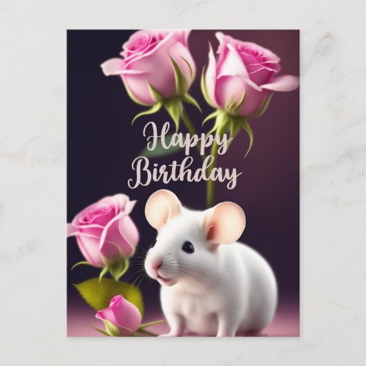 かわいいピンクのバラの誕生日ねずみ ポストカード (正面)