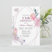 かわいいピンクのバラ幾何学女子13th誕生日パーティー 招待状 (スタンド正面)