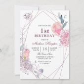 かわいいピンクのバラ幾何学少女1st誕生日パーティー 招待状 (正面)