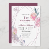 かわいいピンクのバラ幾何学少女1st誕生日パーティー 招待状 (正面/裏面)