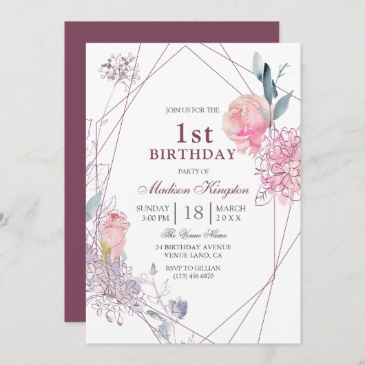 かわいいピンクのバラ幾何学少女1st誕生日パーティー 招待状