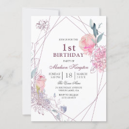 かわいいピンクのバラ幾何学少女1st誕生日パーティー 招待状