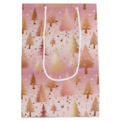 かわいいピンクのバラ金ゴールドツリーフェスティバルパターン ミディアムペーパーバッグ (裏面)