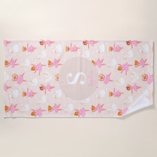 かわいいピンクのバレエダンサーの女の子のパーソナライズされた白鳥 ビーチタオル (正面)