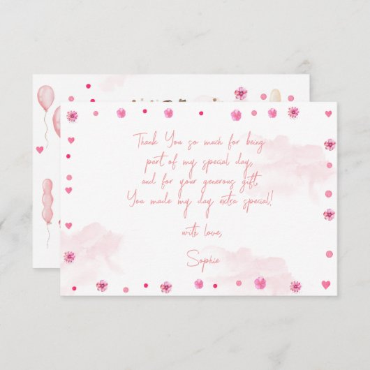 かわいいピンクのバレリーナとバルーンの誕生日 サンキューカード (正面/裏面)