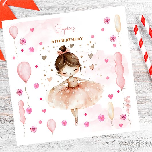 かわいいピンクのバレリーナとバルーンの誕生日 スタンダードランチョンナプキン