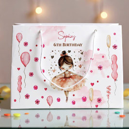 かわいいピンクのバレリーナとバルーンの誕生日 ラージペーパーバッグ