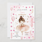 かわいいピンクのバレリーナとバルーンの誕生日 招待状 (正面)