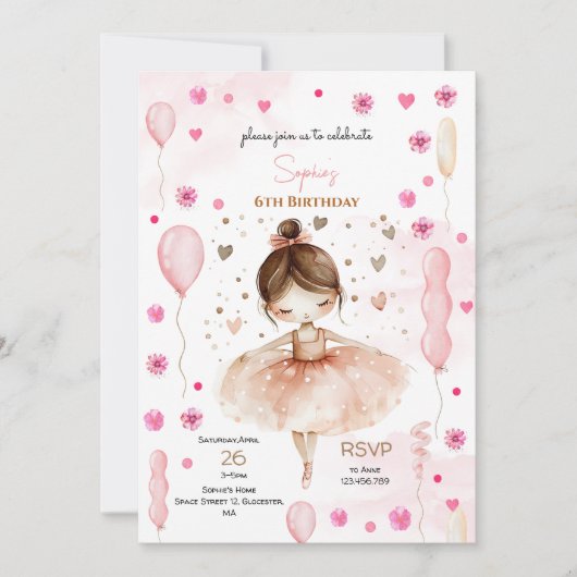かわいいピンクのバレリーナとバルーンの誕生日 招待状 (正面)