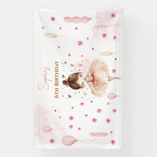 かわいいピンクのバレリーナとバルーンの誕生日 横断幕 (縦)