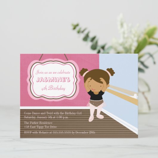 かわいいピンクのバレリーナ女の子の誕生日パーティーの招待 招待状 (スタンド正面)