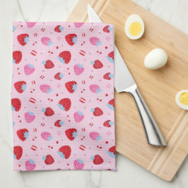 かわいいピンクのバレンタインと甘いイチゴさくらんぼ キッチンタオル