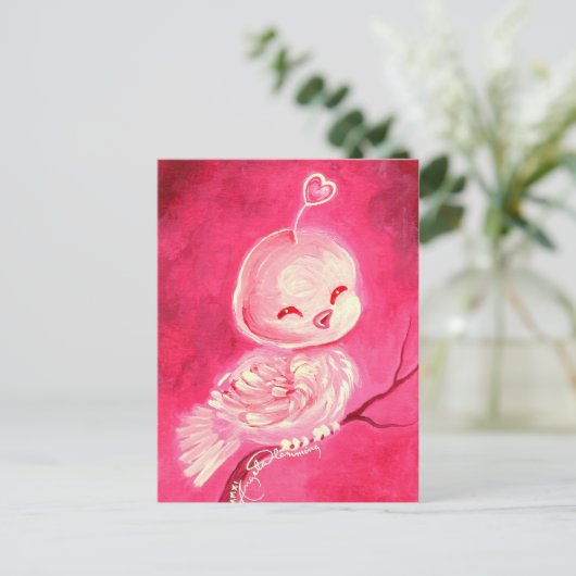 かわいいピンクのバレンタインの鳥 シーズンポストカード (スタンド正面)
