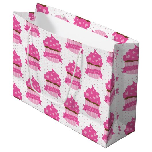 かわいいピンクのバレンタインデートカップケーキ ラージペーパーバッグ (正面アングル)