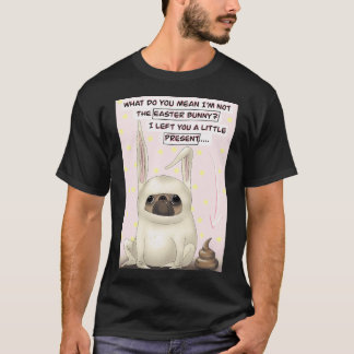 かわいいピンクのパグのイースターウサギのイラスト、楽しい Tシャツ