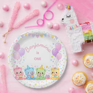 かわいいピンクのパステルベビーベアの誕生日 ペーパープレート