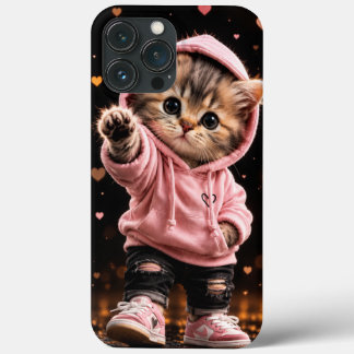 かわいいピンクのパーカーを着た子猫のスマホケース iPhone 13 PRO MAXケース