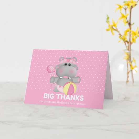 かわいいピンクのヒッポビッグ感謝していサンキューカード カード (黄色い花)