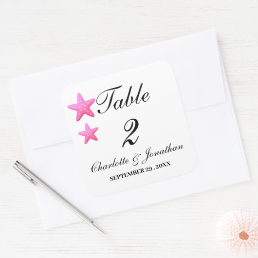 かわいいピンクのヒトデビーチ結婚式表の番号 スクエアシール (封筒)