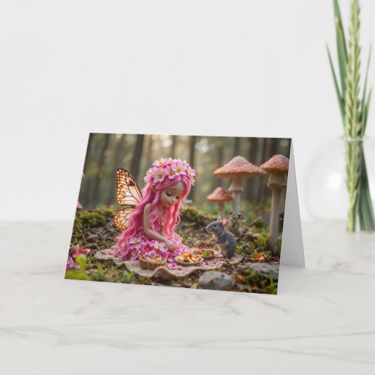 かわいいピンクのピクシーとマウスピクニック カード (正面)