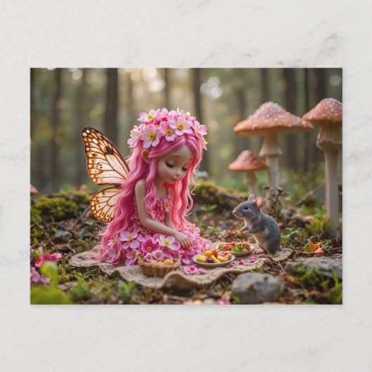 かわいいピンクのピクシーとマウスピクニック ポストカード (正面)