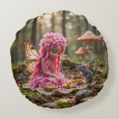 かわいいピンクのピクシーとマウスピクニック ラウンドクッション (裏面)