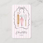 かわいいピンクのピンストライプのリボンベーカー生地シェフ 名刺 (正面)