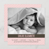 かわいいピンクのピンストライプベビー誕生のお知らせ 案内状 (正面/裏面)