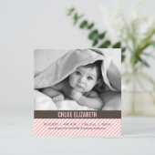 かわいいピンクのピンストライプベビー誕生のお知らせ 案内状 (スタンド正面)