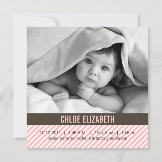 かわいいピンクのピンストライプベビー誕生のお知らせ 案内状 (正面)