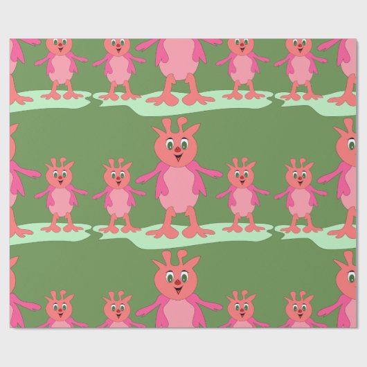 かわいいピンクのファンタジー生き物お洒落エイリアン ラッピングペーパー (フラット)