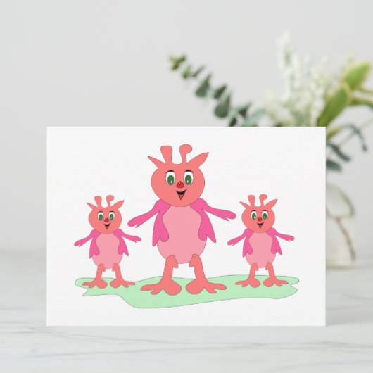 かわいいピンクのファンタジー生き物お洒落エイリアン 招待状 (スタンド正面)