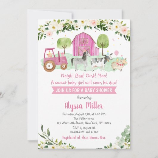 かわいいピンクのファームベビーシャワー 招待状 (正面)