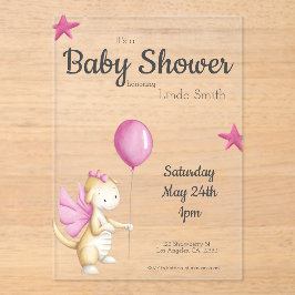 かわいいピンクのフェアリーテイルドラゴン女の子ベビーシャワー アクリル招待状