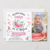 かわいいピンクのフォトメロンの一歳1歳の誕生日 招待状 (正面)