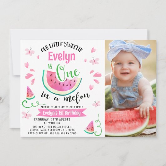 かわいいピンクのフォトメロンの一歳1歳の誕生日 招待状 (正面)