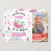かわいいピンクのフォトメロンの一歳1歳の誕生日 招待状 (正面/裏面)
