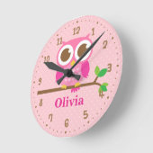 かわいいピンクのフクロウが女子支部の壁飾り時計 ラウンド壁時計 (傾斜)