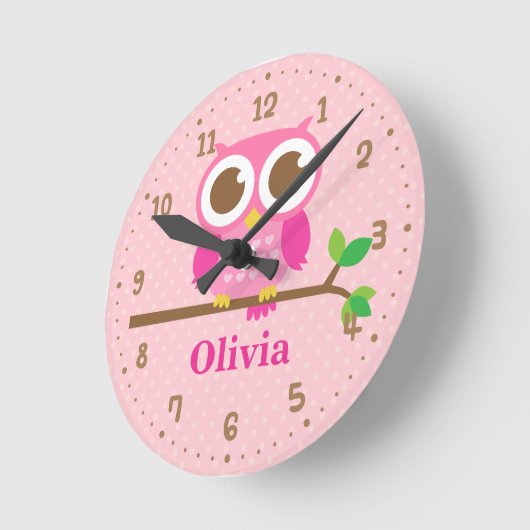 かわいいピンクのフクロウが女子支部の壁飾り時計 ラウンド壁時計 (傾斜)