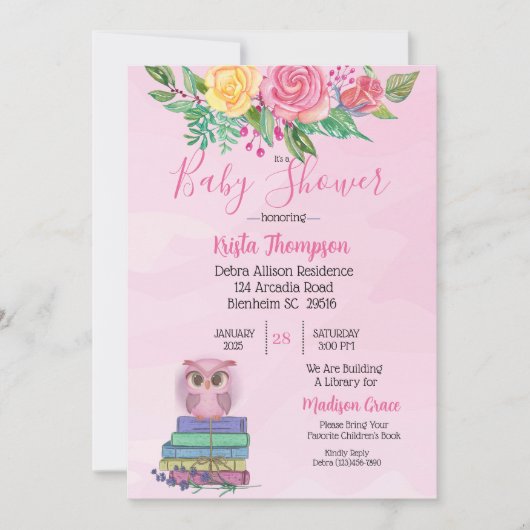 かわいいピンクのフクロウが本の赤ちゃんシャワーを持参 招待状 (正面)