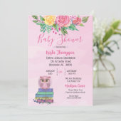 かわいいピンクのフクロウが本の赤ちゃんシャワーを持参 招待状 (スタンド正面)