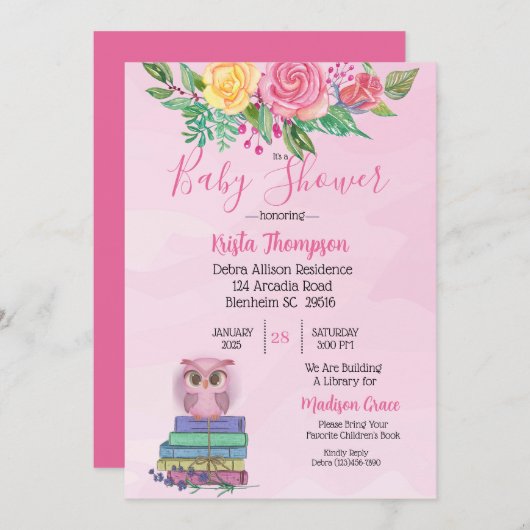 かわいいピンクのフクロウが本の赤ちゃんシャワーを持参 招待状 (正面/裏面)