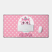 かわいいピンクのフクロウと水玉模様 デスクマット (キーボード&マウス)