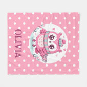 かわいいピンクのフクロウと水玉模様 フリースブランケット (正面(横))