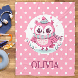 かわいいピンクのフクロウと水玉模様 フリースブランケット