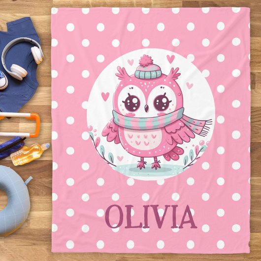 かわいいピンクのフクロウと水玉模様 フリースブランケット
