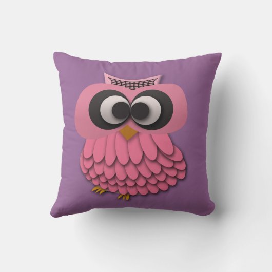 かわいいピンクのフクロウと紫の枕 クッション (裏面)