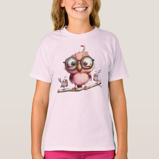 かわいいピンクのフクロウと鳥の友達 Tシャツ (正面)